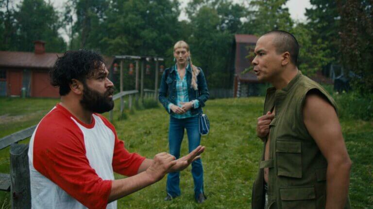 cody lightning and simon baker arguing outside as hannah cheesman watches.