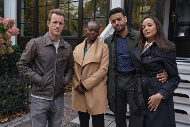 Actors Scott Caan, Adeola Role, Ryan Broussard, and Dania Ramirez standing outside.