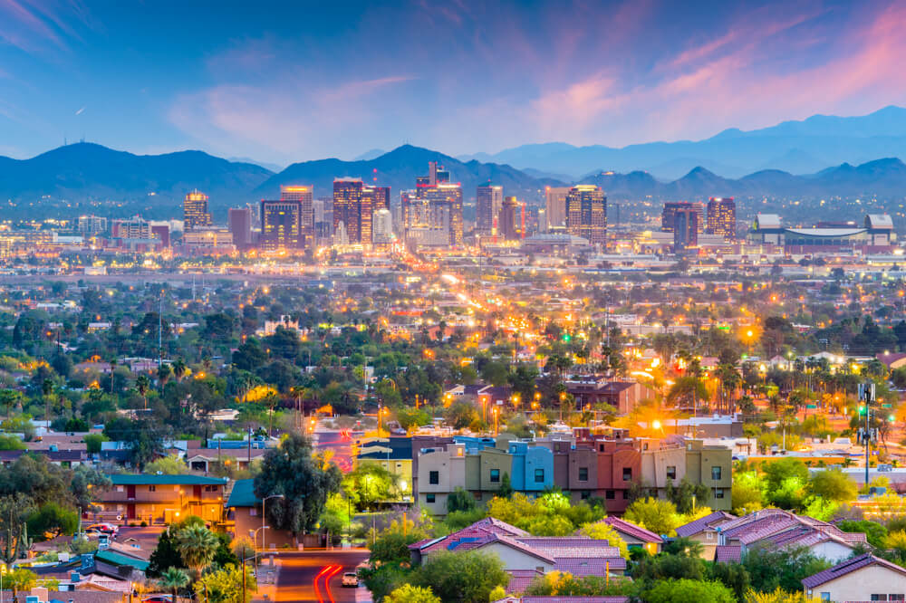 Phoenix, Arizona skyline on a summer night.