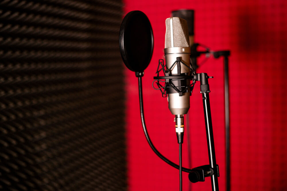 Voiceover microphone in a red and black recording studio.