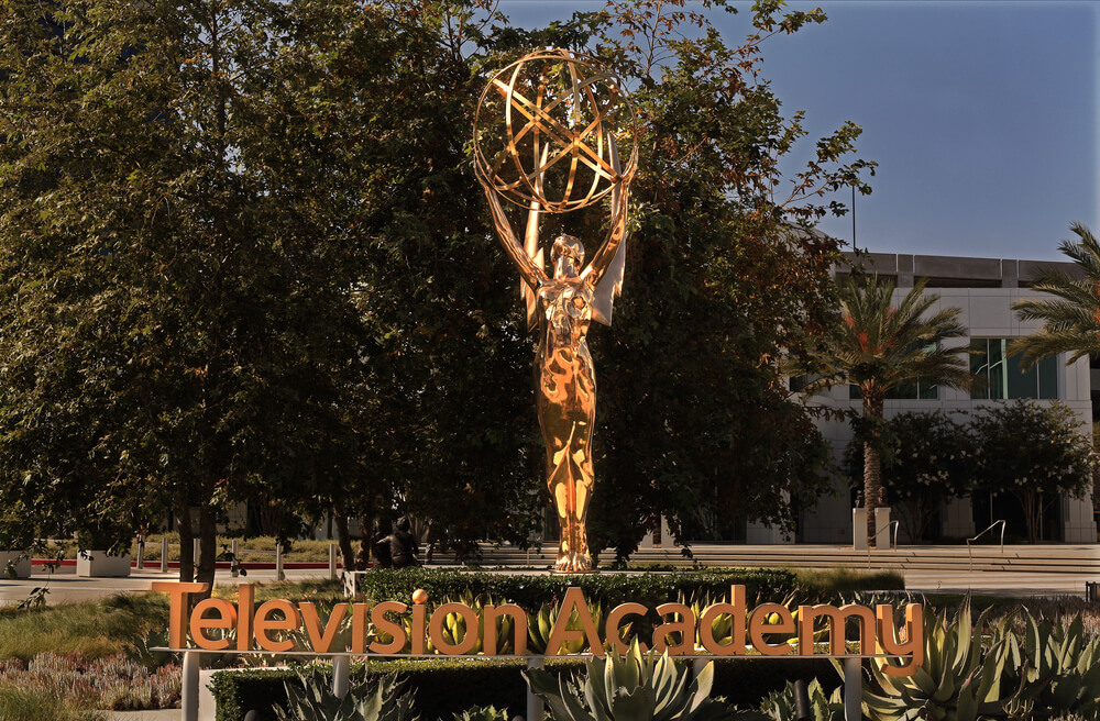 A giant Emmy statue in front of the Television Academy.