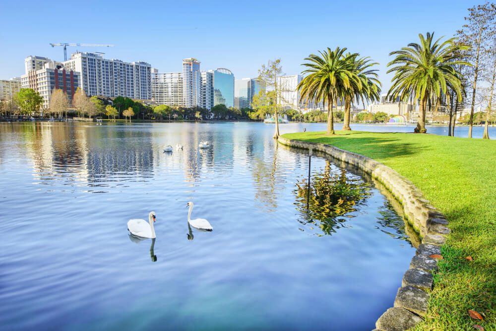 Lake Eola Park overlooking the Orlando, Florida skyline.