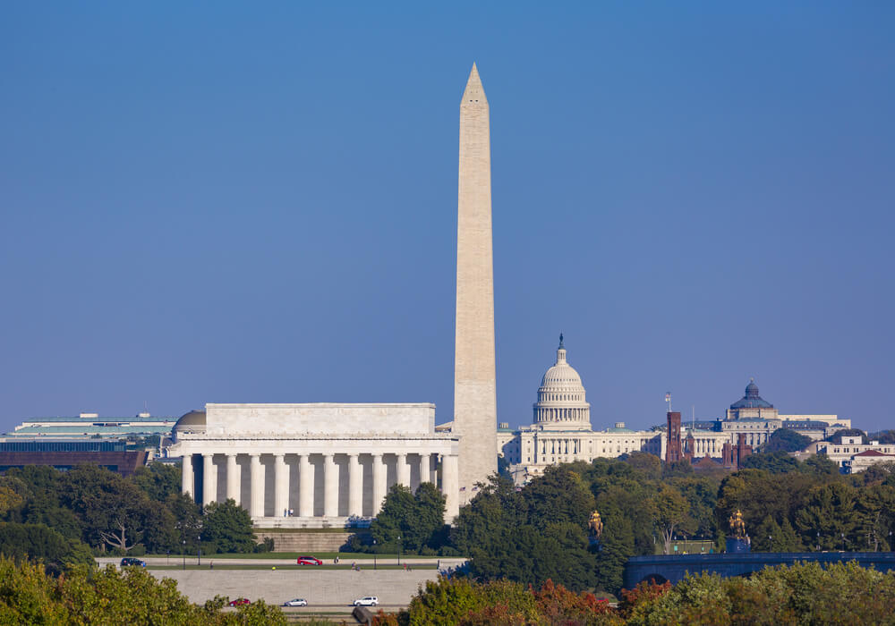 View of the Lincoln Memorial, Washington Monument and US Capitol building in Washington, D.C. during a clear day.