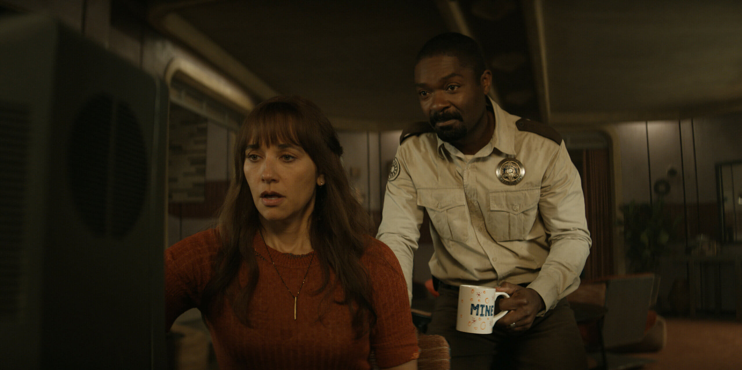 Rashida Jones and David Oyelowo looking concerned.