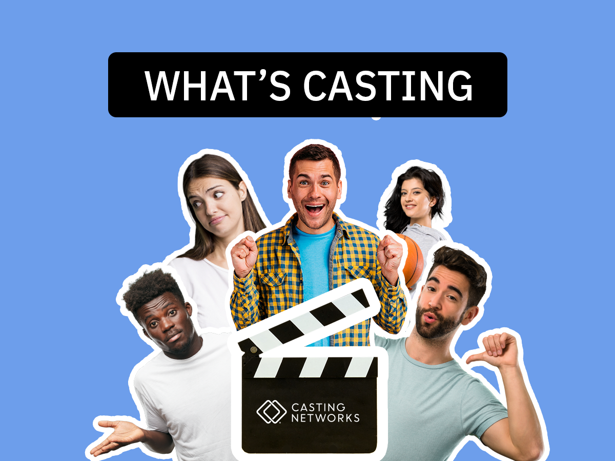 A group of actors behind a slate in a collage-style picture.